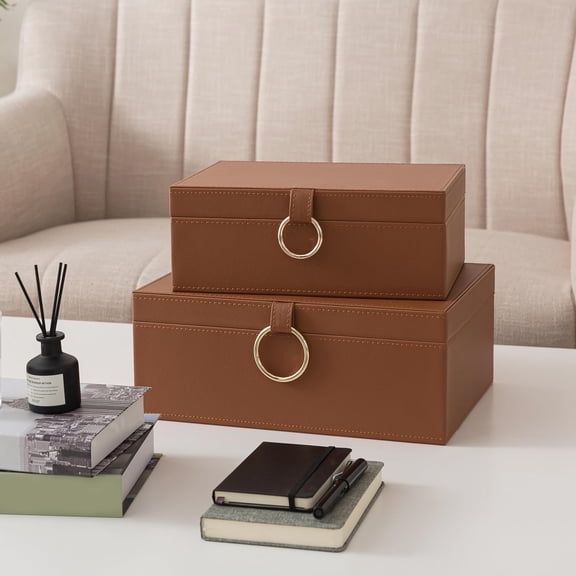 Faux Leather Storage Box Set, 2 Decorative Boxes with Lids for Home Decor, Coffee Table and Living Room Shelf Organization, Remote Control Holder with Stacking Nesting Design, Saddle Brown