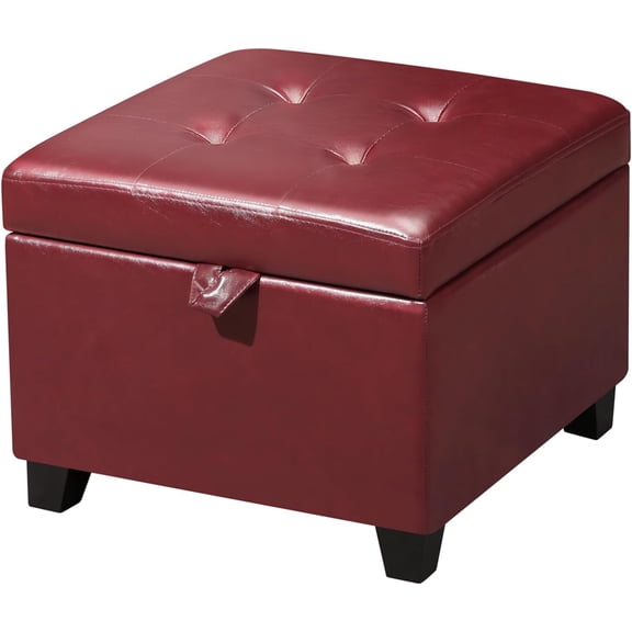 Faux Leather Storage Ottoman, 17.5" Square Cube Footstool for Living Room & Bedroom, Tufted Vanity Stool with Hinged Lid and Solid Wood Legs, Red