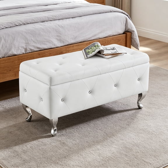 Faux Leather Storage Ottoman Bench for Bedroom End of Bed, Crystal Button Tufted Entryway Window Bench with Curved Metal Legs, Rectangle Living Room Footrest Bench, White