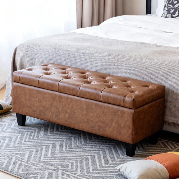 Faux Leather Storage Ottoman Bench, End of Bed Storage Bench, Button Tufted, Solid Wood Legs, Safety Hinge, Modern Accent Ottoman Storage for Bedroom, Living Room, Entryway