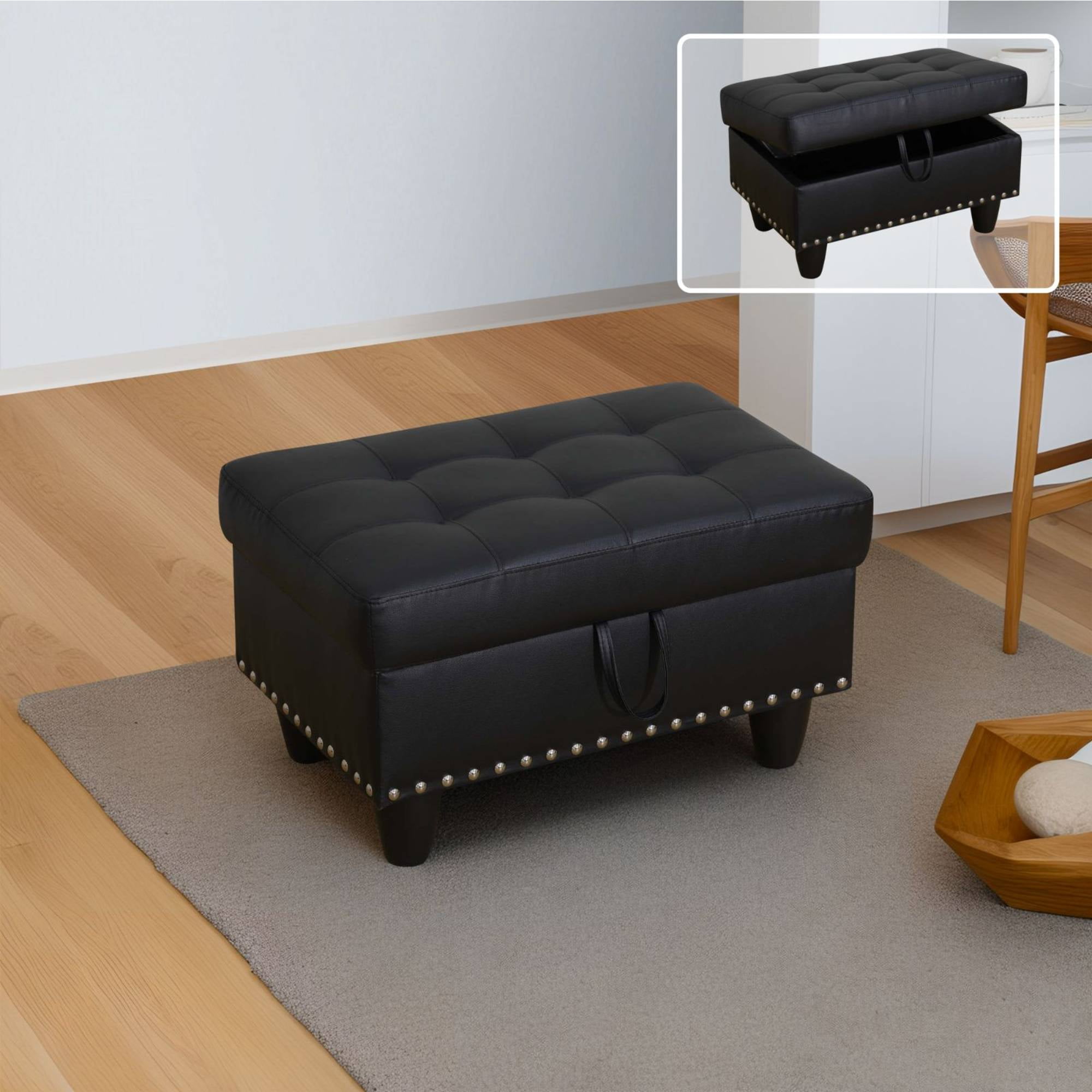 Faux Leather Storage Ottoman Bench, Square Ottoman with Nailhead Trim, Footrest Stool Bench Coffee Table for Living Room,Entryway, Black