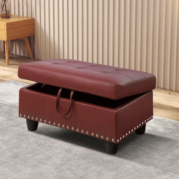 Faux Leather Storage Ottoman Bench, Square Ottoman with Nailhead Trim, Footrest Stool Bench Coffee Table for Living Room,Entryway, Red