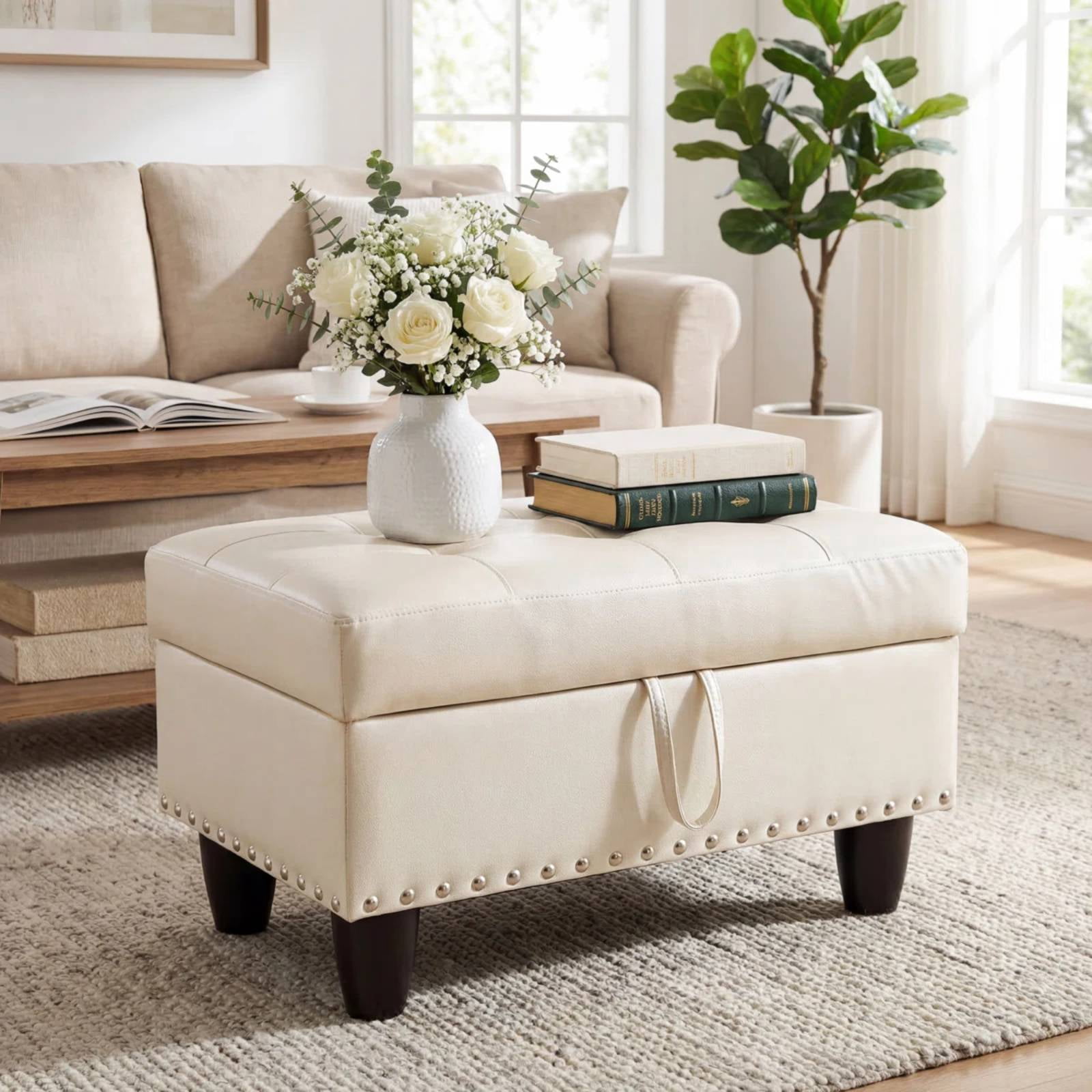 Faux Leather Storage Ottoman Bench, Square Ottoman with Nailhead Trim, Footrest Stool Bench Coffee Table for Living Room,Entryway, White