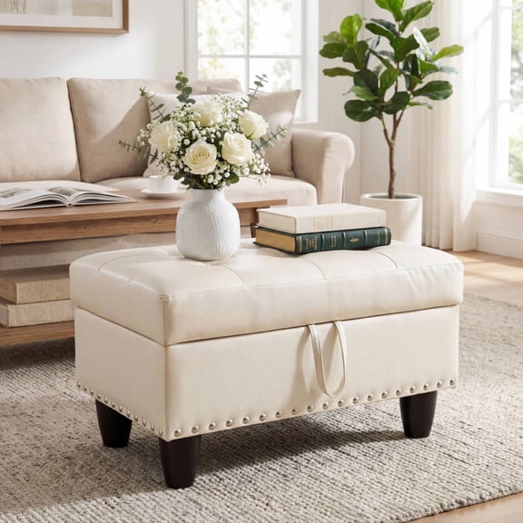 Faux Leather Storage Ottoman Bench, Square Ottoman with Nailhead Trim, Footrest Stool Bench Coffee Table for Living Room,Entryway, White
