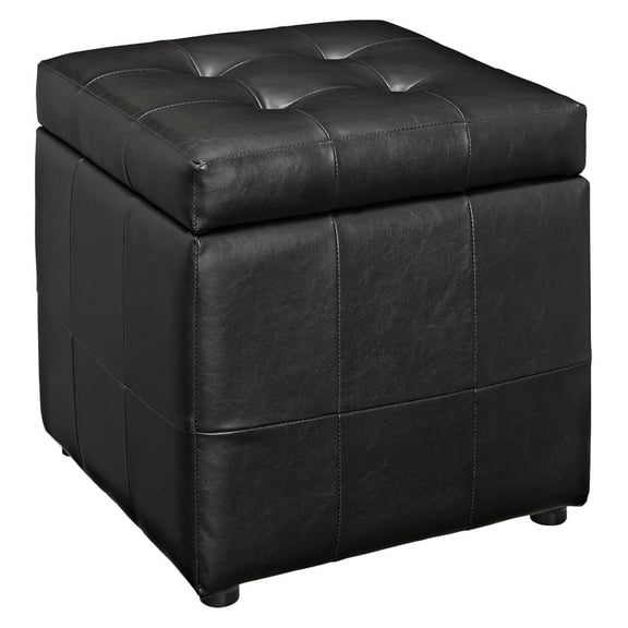 Faux Leather Storage Ottoman Cube - Black Tufted Square Ottoman with Hidden Storage, Vegan Leather Footrest, Seat, Living Room Decor, 15.5" x 15.5" x 15.5"