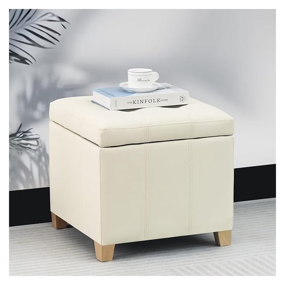 Faux Leather Storage Ottoman with Hinged Lid, 17.5 Inch High Cream White Square Cube Foot Stool with Storage, Upholstered Vanity Stool with Solid Wood Legs for Living Room, Bedroom, Dorm