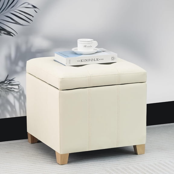 Faux Leather Storage Ottoman with Hinged Lid, 17.5 Inch High Cream White Square Cube Foot Stool with Storage, Upholstered Vanity Stool with Solid Wood Legs for Living Room, Bedroom, Dorm