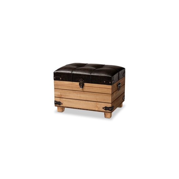 Faux Leather Storage Ottoman - Rustic Brown Wood Frame & Tufted Seat