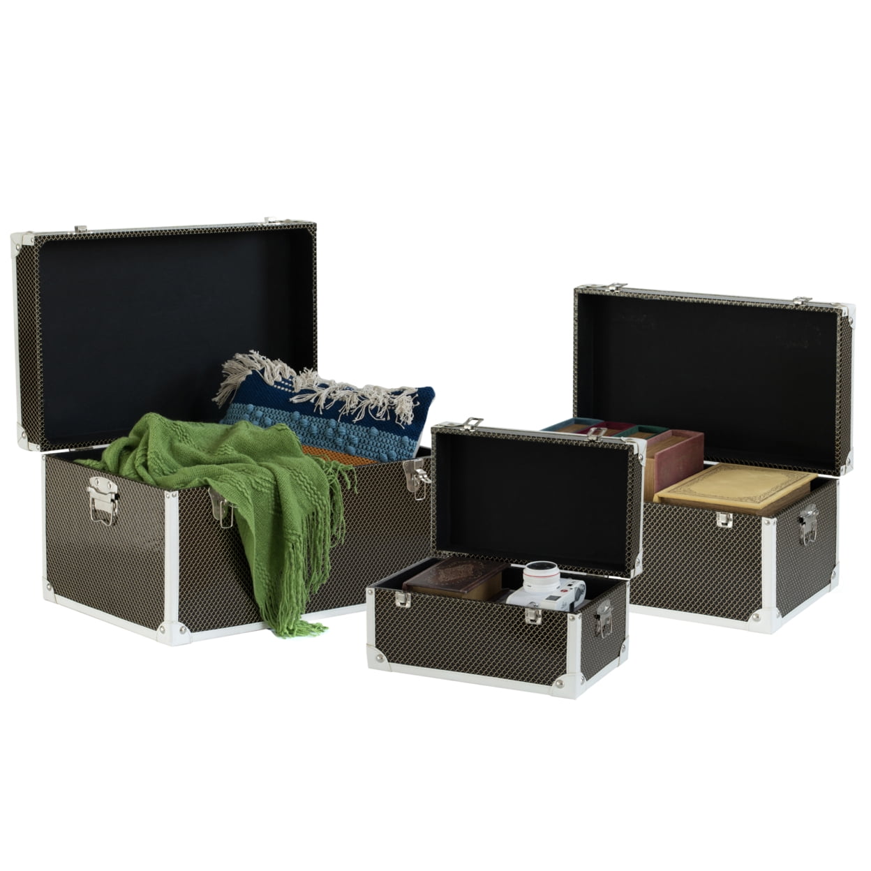 Black Faux Leather and Metal Storage Trunk Set of 3