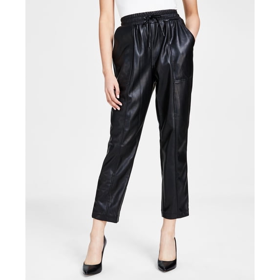 Faux-Leather Straight-Leg Ankle Pants Black XL