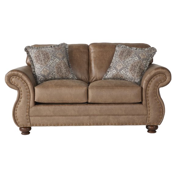 Faux Leather Style, Antique Bronze Nailhead Feature, Cushioned Seating, Rolled Arm Design, Wood Foot, Brown Upholstery Included, , Details, Padded Base, Complete Assembly Needed