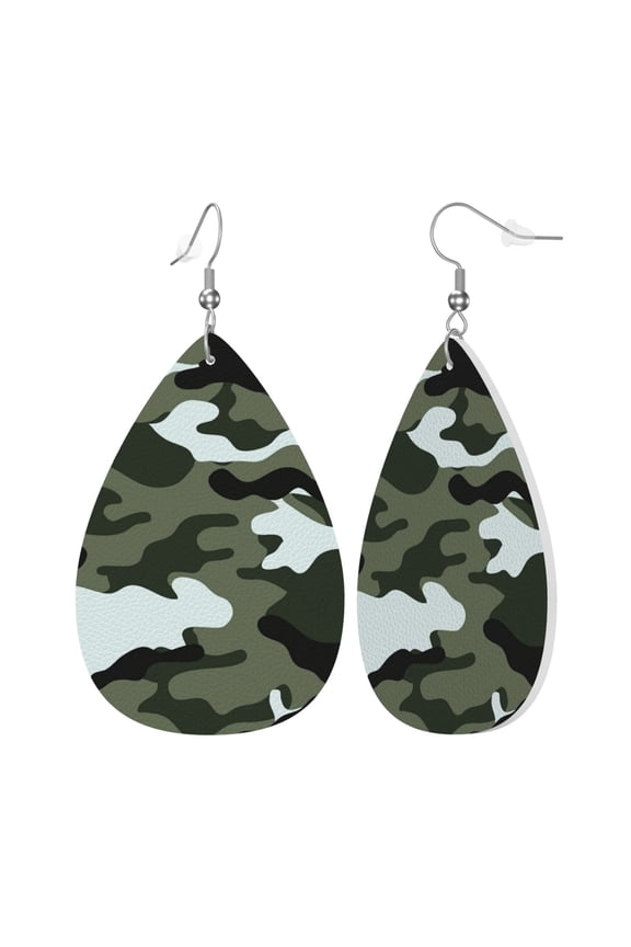 Faux Leather Teardrop Earrings Army Camouflage Printed Dangle Earrings Lightweight Drop Earrings