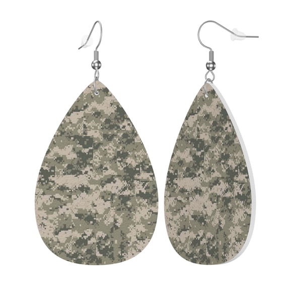 Faux Leather Teardrop Earrings Army Pixel Camouflage Printed Dangle Earrings Lightweight Drop Earrings