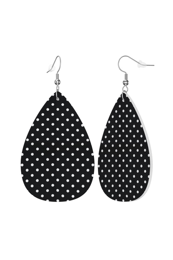 Faux Leather Teardrop Earrings Black Polka Dot Printed Dangle Earrings Lightweight Drop Earrings