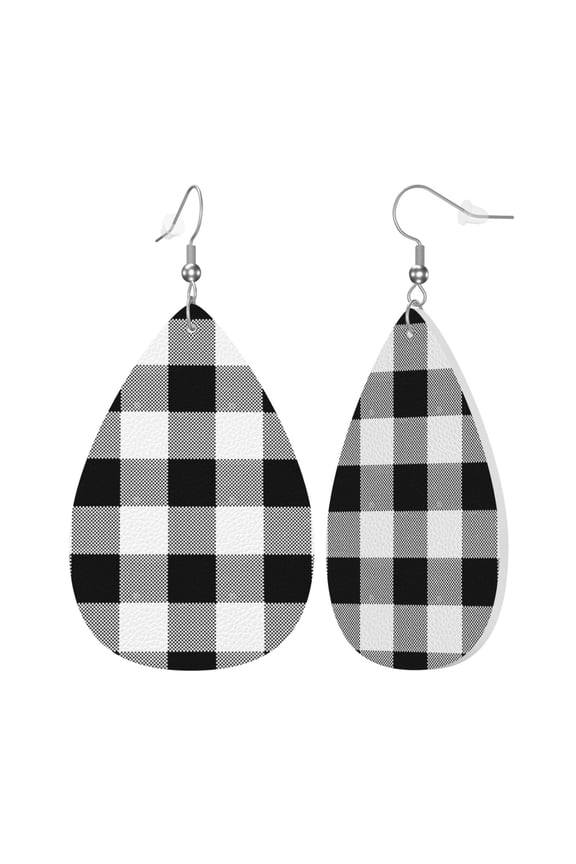 Faux Leather Teardrop Earrings Black White Plaid Printed Dangle Earrings Lightweight Drop Earrings