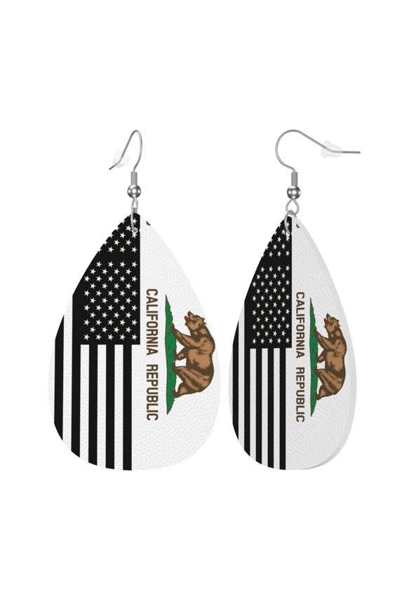 Faux Leather Teardrop Earrings California America Flags Printed Dangle Earrings Lightweight Drop Earrings