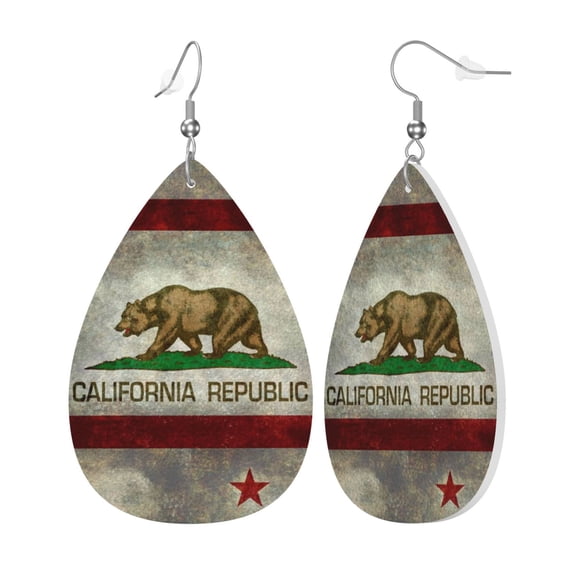 Faux Leather Teardrop Earrings California Republic Flag Printed Dangle Earrings Lightweight Drop Earrings