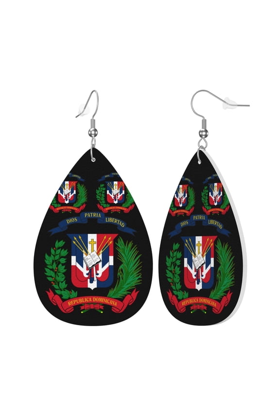 Faux Leather Teardrop Earrings Coat Of Arms Of The Dominican Republic Printed Dangle Earrings Lightweight Drop Earrings