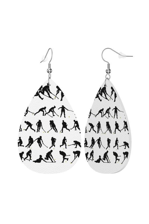 Faux Leather Teardrop Earrings Field Hockey Printed Dangle Earrings Lightweight Drop Earrings