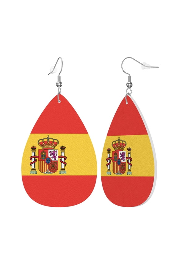 Faux Leather Teardrop Earrings Flag Of Spain Printed Dangle Earrings Lightweight Drop Earrings