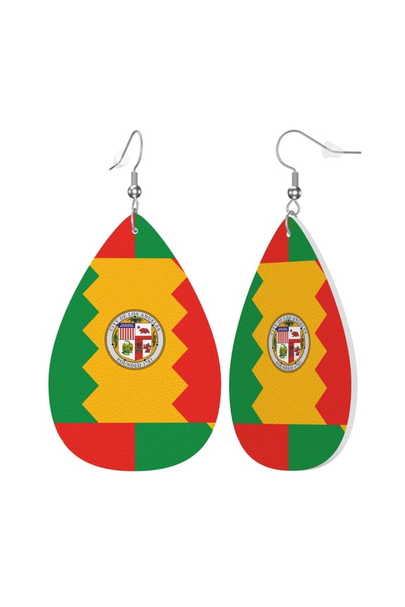 Faux Leather Teardrop Earrings Los Angeles California Flag Printed Dangle Earrings Lightweight Drop Earrings