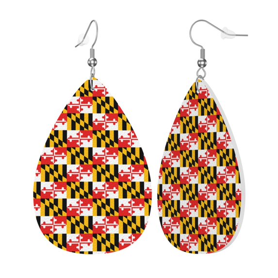 Faux Leather Teardrop Earrings Maryland Flag Printed Dangle Earrings Lightweight Drop Earrings