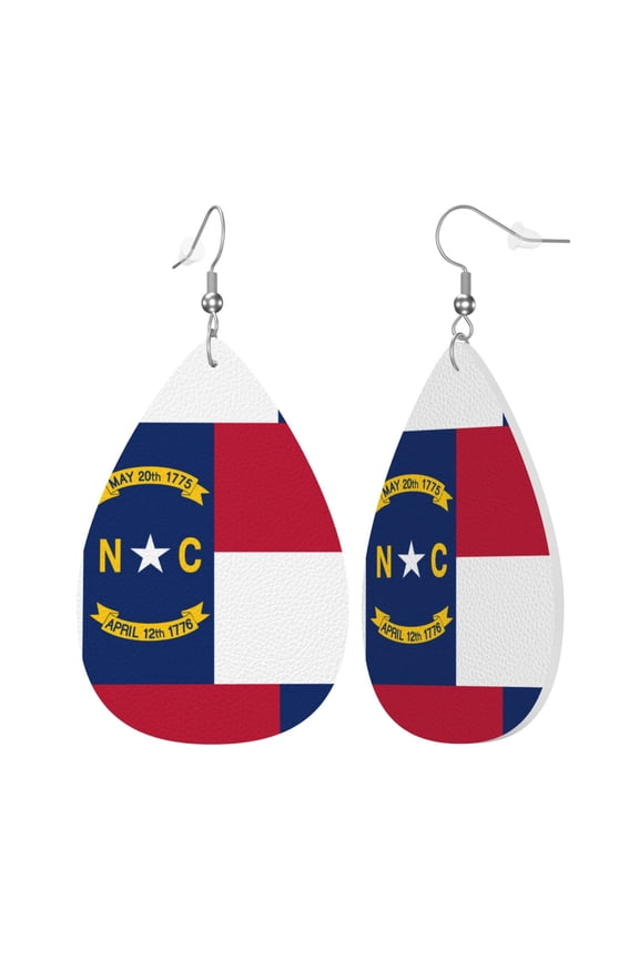 Faux Leather Teardrop Earrings North Carolina Flag Printed Dangle Earrings Lightweight Drop Earrings