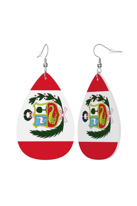 Faux Leather Teardrop Earrings Peru Flag Printed Dangle Earrings Lightweight Drop Earrings