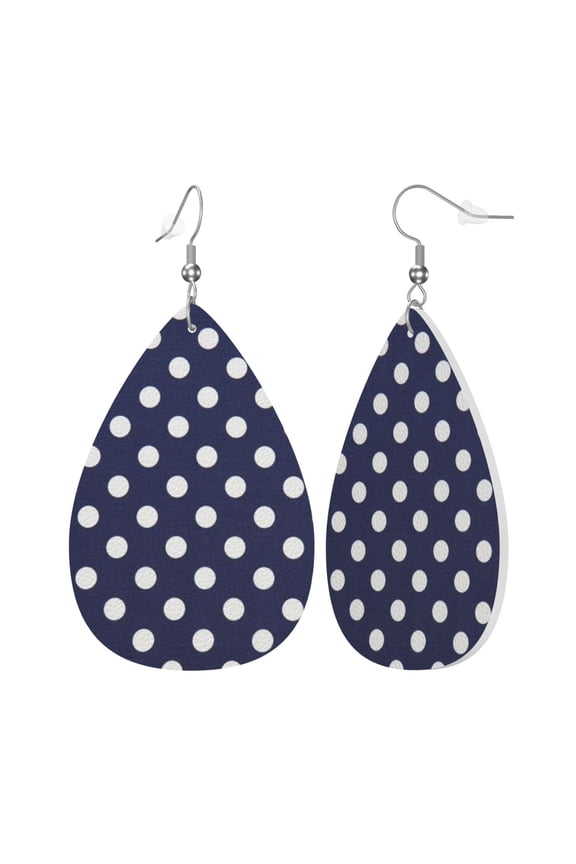Faux Leather Teardrop Earrings Polka Dot Navy Pattern Printed Dangle Earrings Lightweight Drop Earrings
