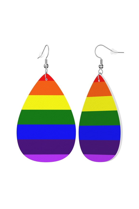 Faux Leather Teardrop Earrings Pride Rainbow Flag Printed Dangle Earrings Lightweight Drop Earrings