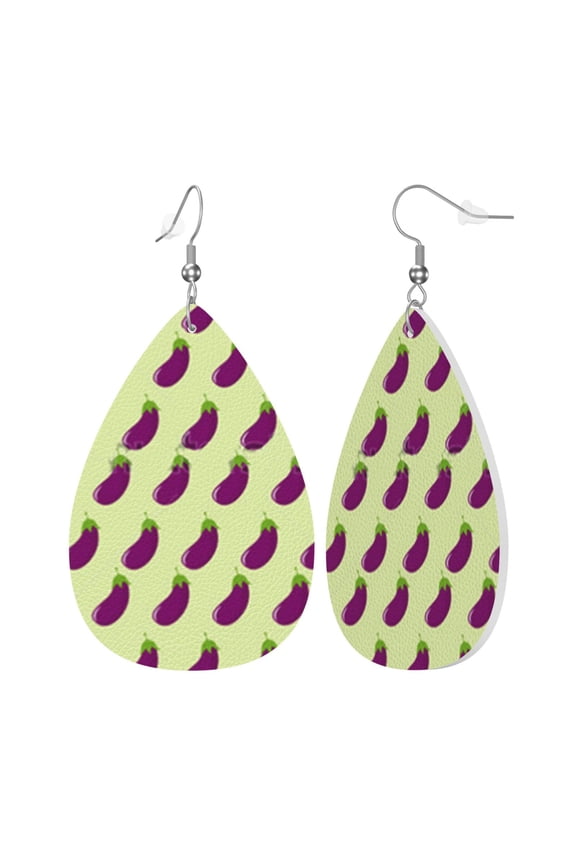 Faux Leather Teardrop Earrings Purple Eggplant Pattern Printed Dangle Earrings Lightweight Drop Earrings