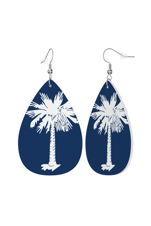 Faux Leather Teardrop Earrings South Carolina Flag Printed Dangle Earrings Lightweight Drop Earrings
