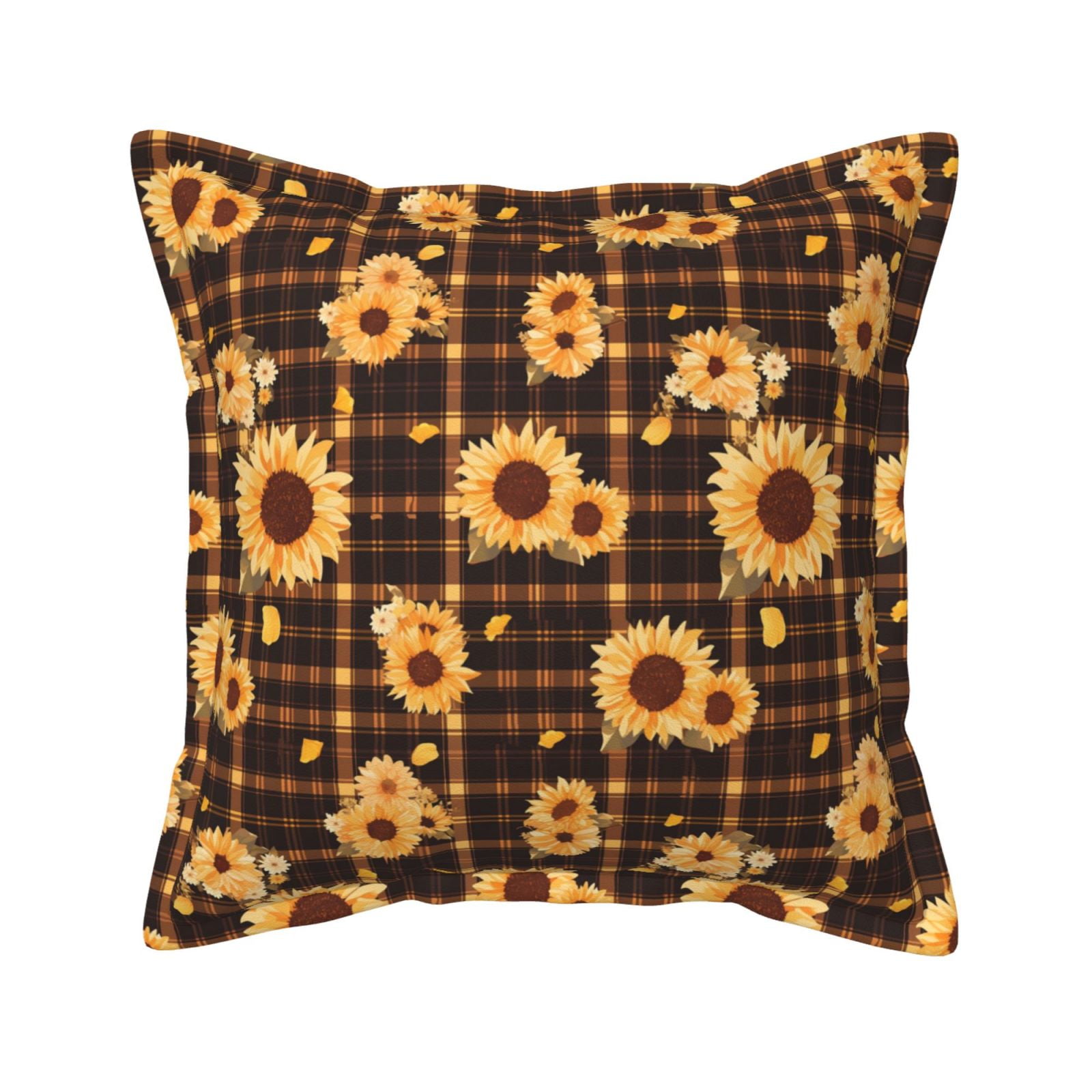 Faux Leather Throw Pillow Covers, Brown Plaid Sunflower Decorative