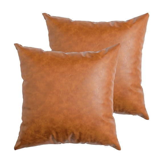 Faux Leather Throw Pillow Covers - Set of 2 Cognac Brown Modern Solid Decorative Cushion Cases