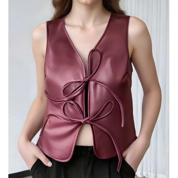 Faux Leather Tie-Front Vest Top (M, WineRed)