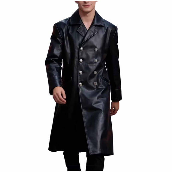 Faux Leather Trench Coat Men - Long Leather Jacket Double-Breasted officer Uniform Overcoat Slim Fit Notched Lapel Black Full Length Jacket Overcoat Size 5XL Black