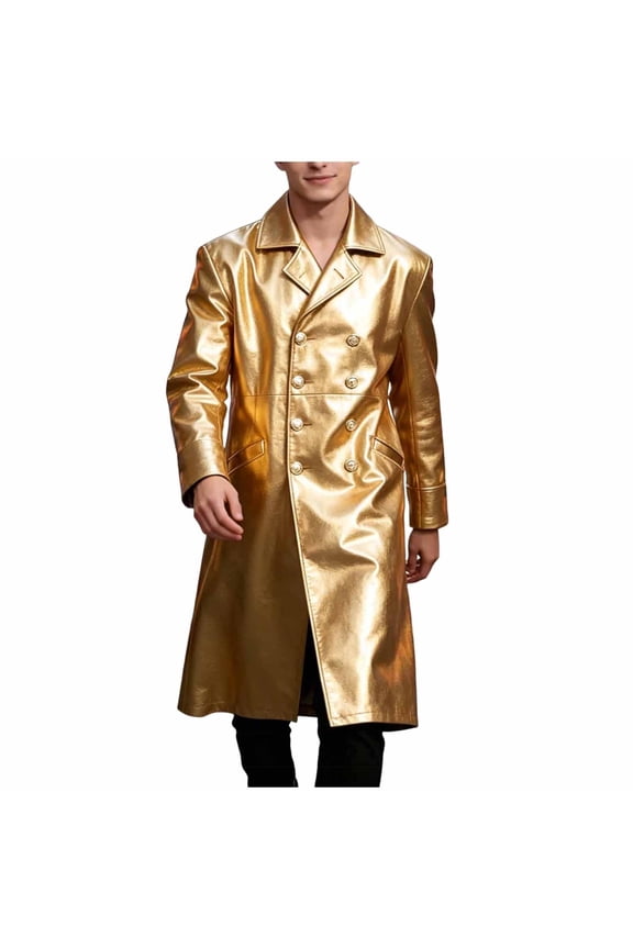 Faux Leather Trench Coat Men - Long Leather Jacket Double-Breasted officer Uniform Overcoat Slim Fit Notched Lapel Black Full Length Jacket Overcoat Size 5XL Gold