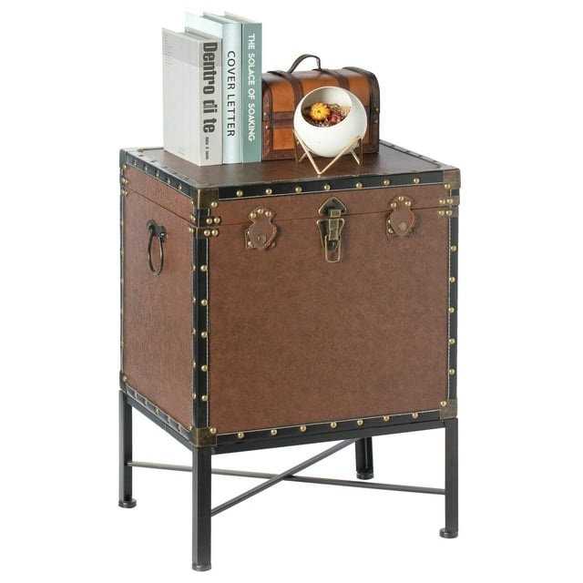 Faux Leather Trimmed Lockable Square Lined Storage Trunk, End Table on Metal Stand