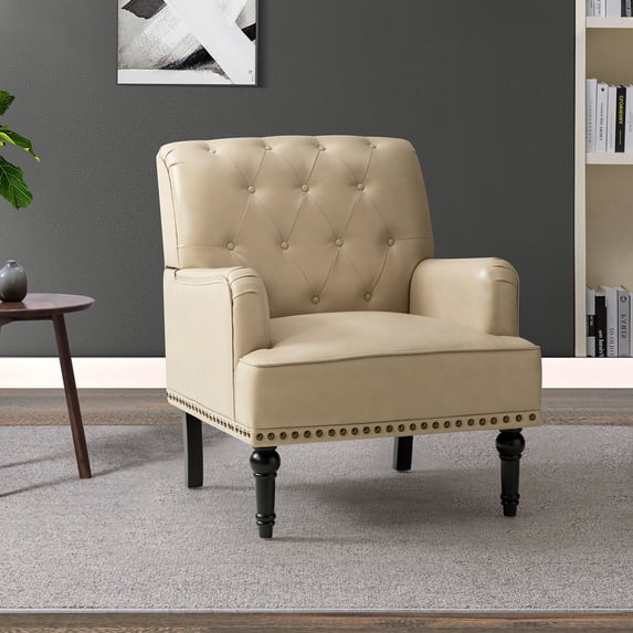 Faux Leather Tufted Armchair & Accent Chair with Wooden Turned Legs, Beige