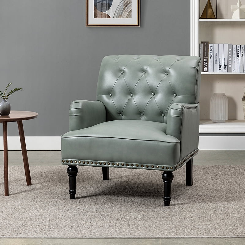Faux Leather Tufted Armchair & Accent Chair with Wooden Turned Legs