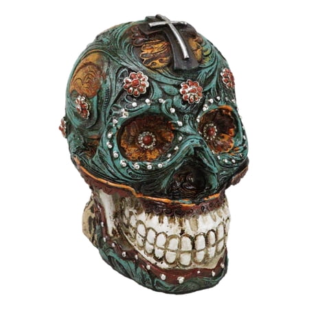 Faux Leather Turquoise Floral Scrollwork with Layered Cross Skull Money Bank