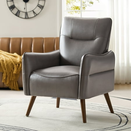 Faux Leather Upholstered Accent Chair Tufted Armchair Lounge Sofa Wood Legs Living Room Office Grey