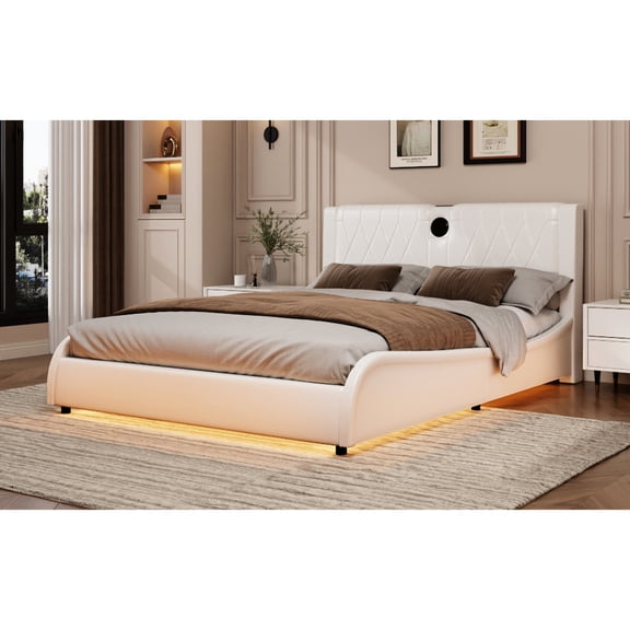 Faux Leather Upholstered Bed with RGB LED and Storage / Colorful Lights, Hidden Storage Space