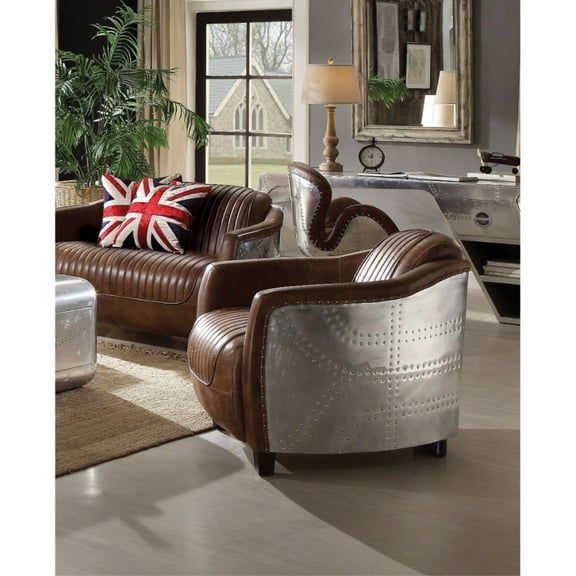 Faux Leather Upholstered Chair Wooden with Aluminium Patchwork, Brown and Silver