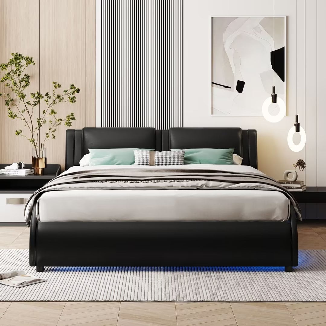 Full Bed Frame with LED Lights, Faux Leather Upholstery, No Full Bed Frame with LED Lights, Faux Leather Upholstery, No