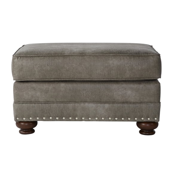 Faux Leather Upholstered In Gray - Wood Frame, Medium-firm Seat, Rectangular, Backless, Traditional, Nailhead Trim, Tray Top Stone Construction, Traditional Look, Nailhead,