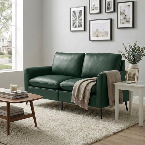 Faux Leather Upholstered Loveseat, Mid-Century Modern 2-Seat Sofa with Pillow Back, Green