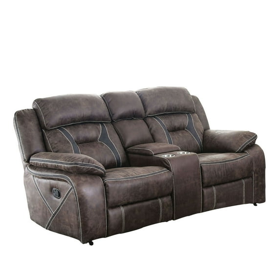 Faux Leather Upholstered Loveseat with Pillow Back and Center Console,Brown