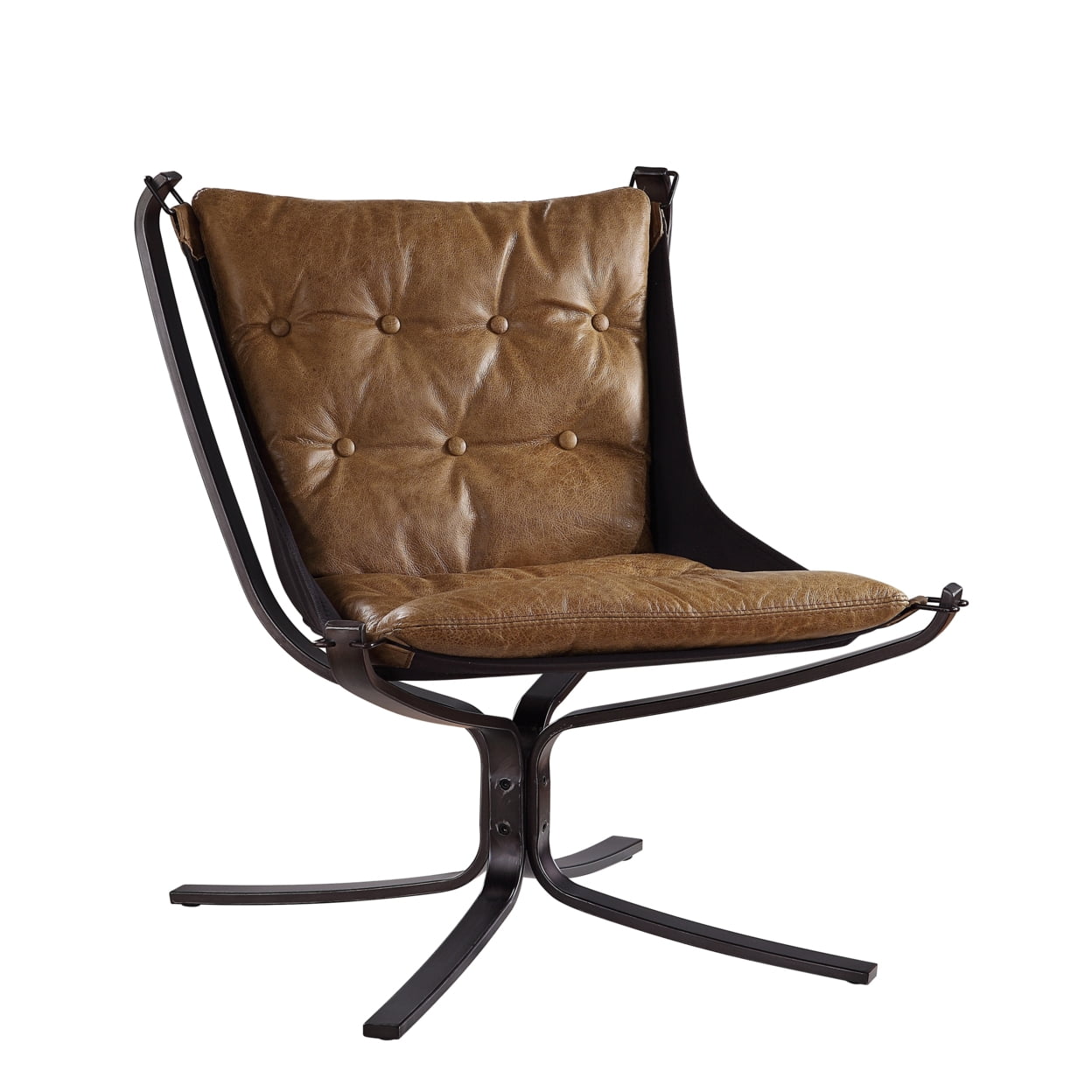 Vintage Coffee Top Grain Leather and Metal Accent Chair