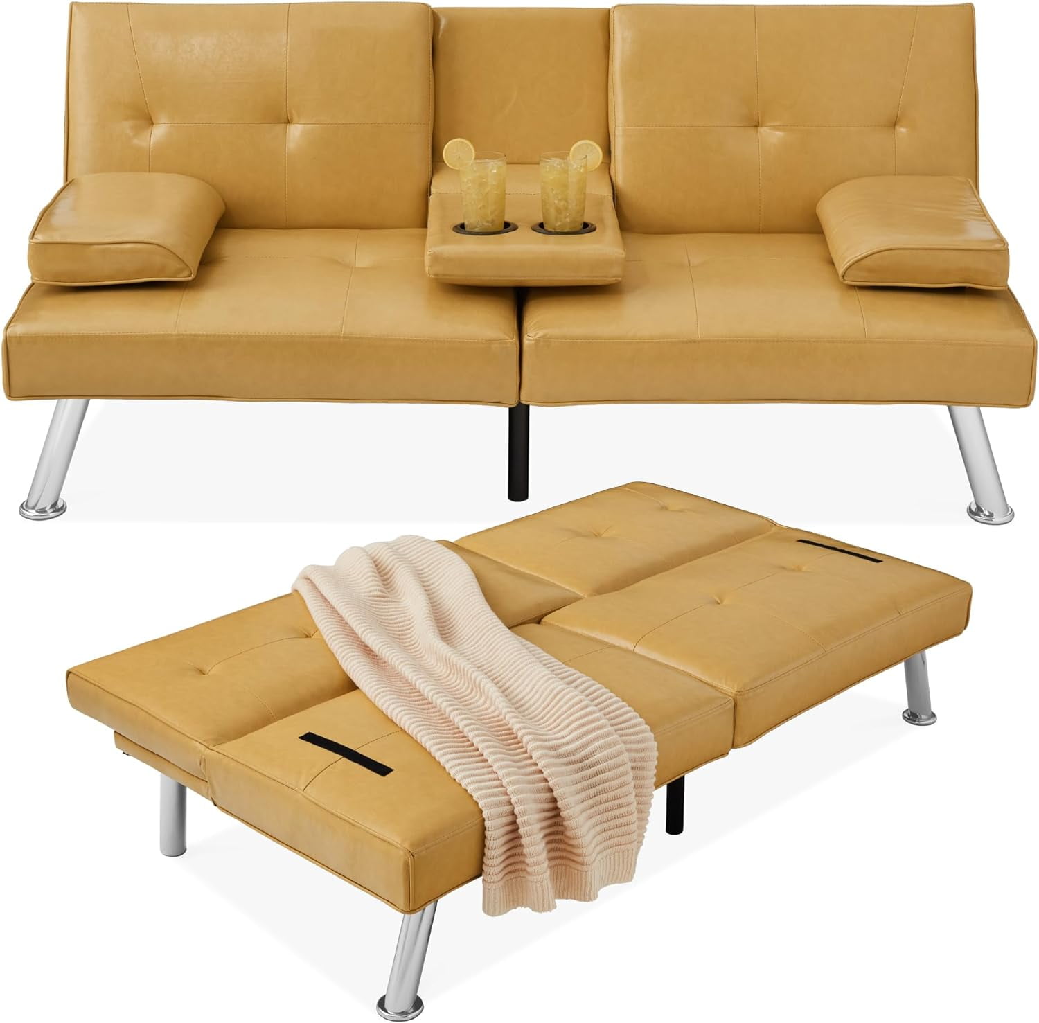 Camel Yellow Faux Leather Convertible Futon Sofa with Cup Holders